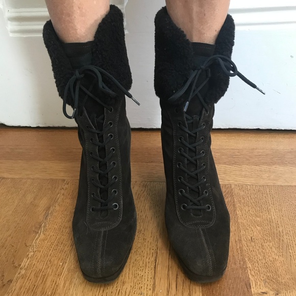 Prada Shearling Lace-Up Wedge Boot - Picture 2 of 4